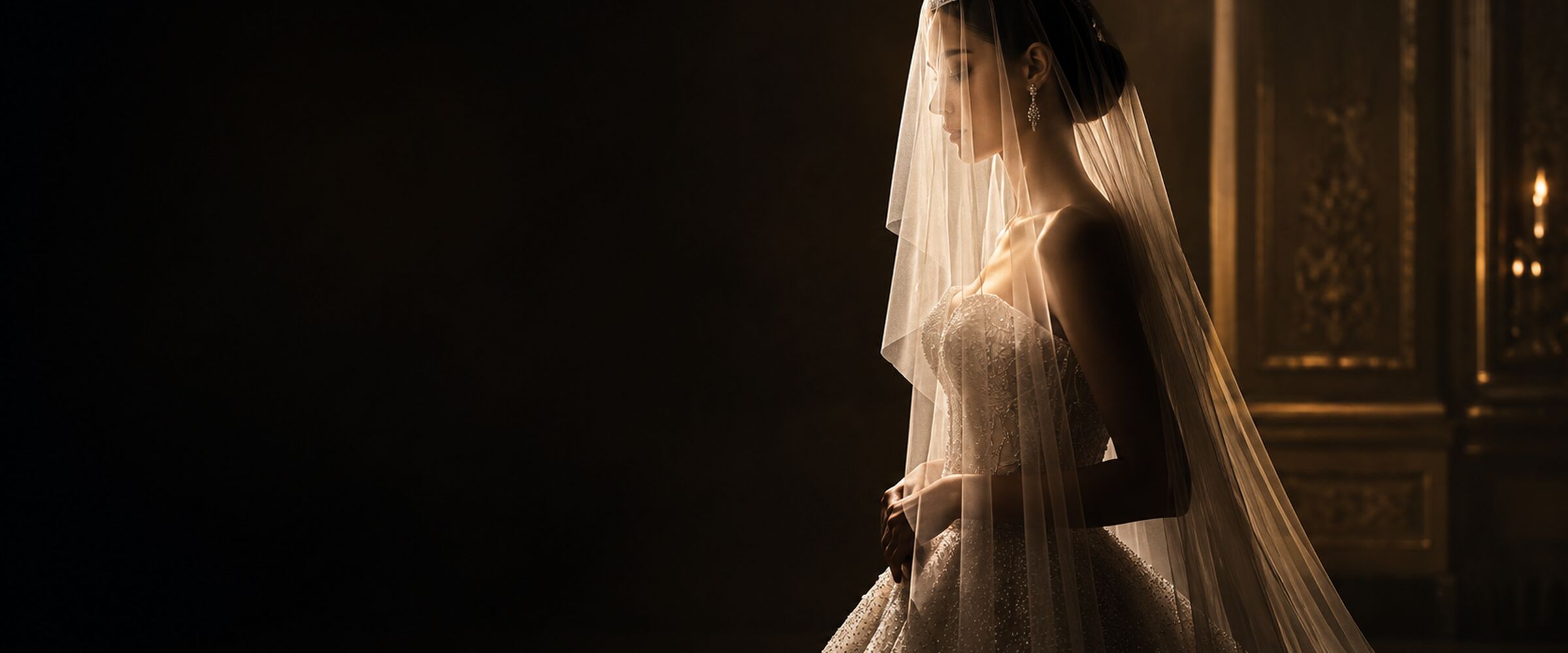 A Maison Hanan couture model in an editorial atelier portrait with cinematic lighting.