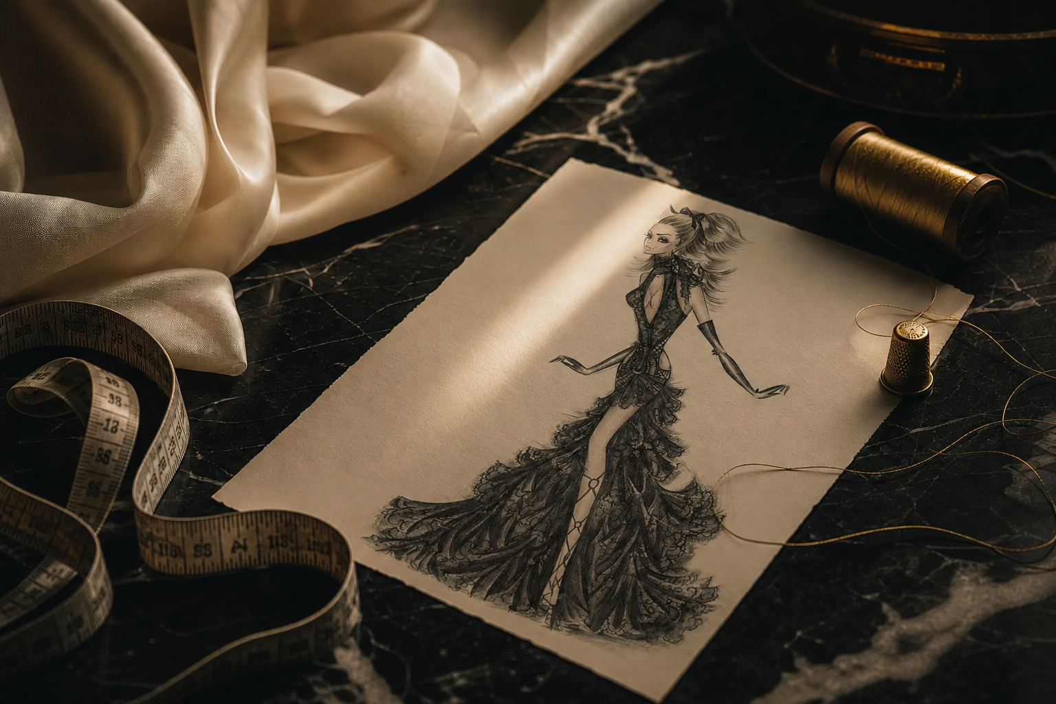 Hanan Bakri couture sketching process — hand-drawn studies at the Maison atelier in Amman